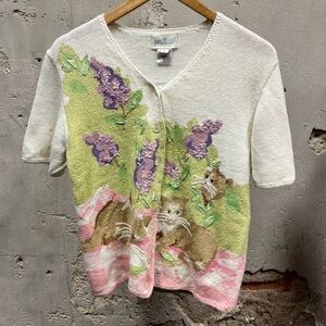 Susan Bristol Hand Embroidered Cat Kitty Lavender Floral Button Down Cardigan S
